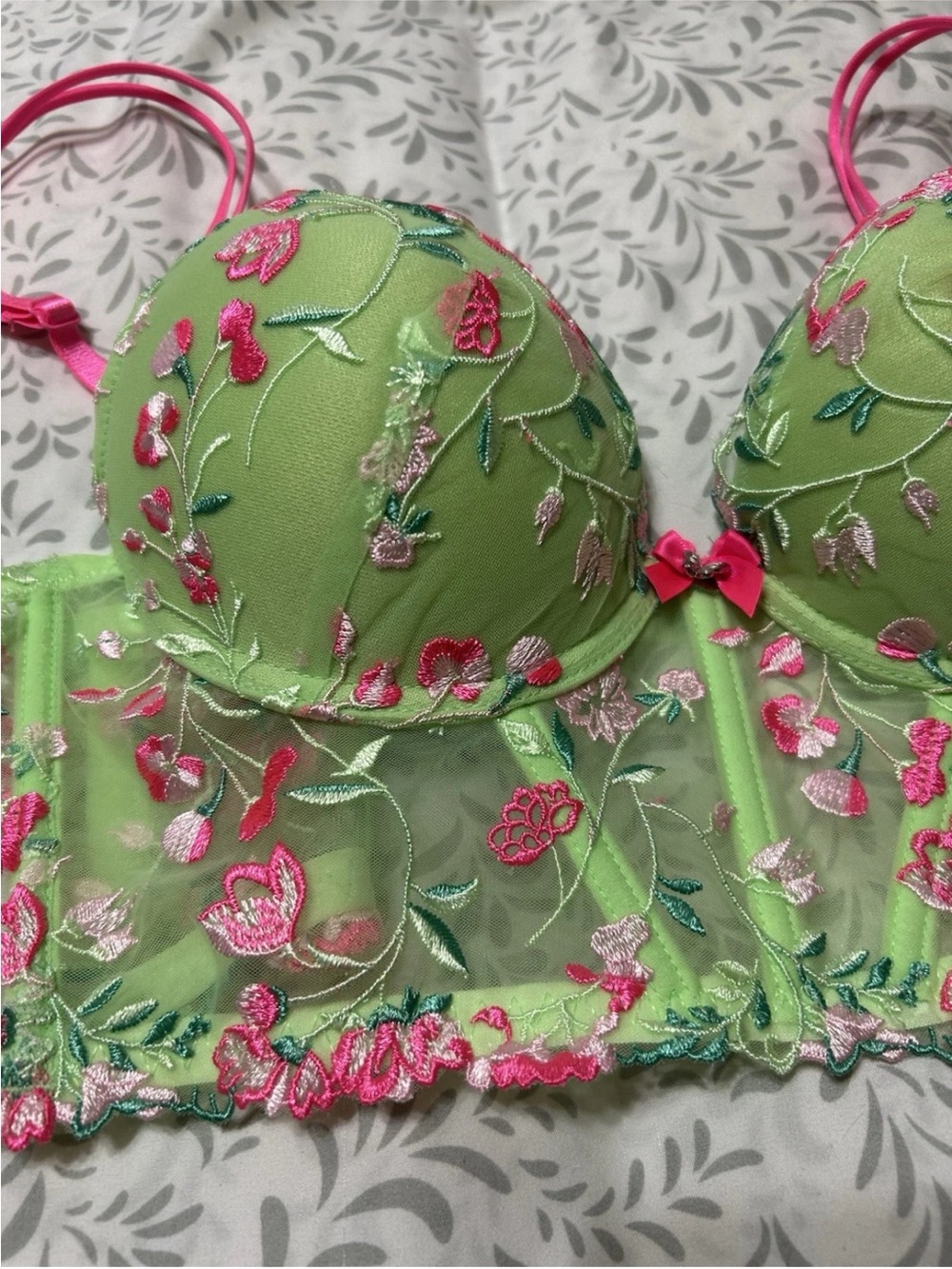 Embroidered Longline Bra in Lime Green with Pink Accents